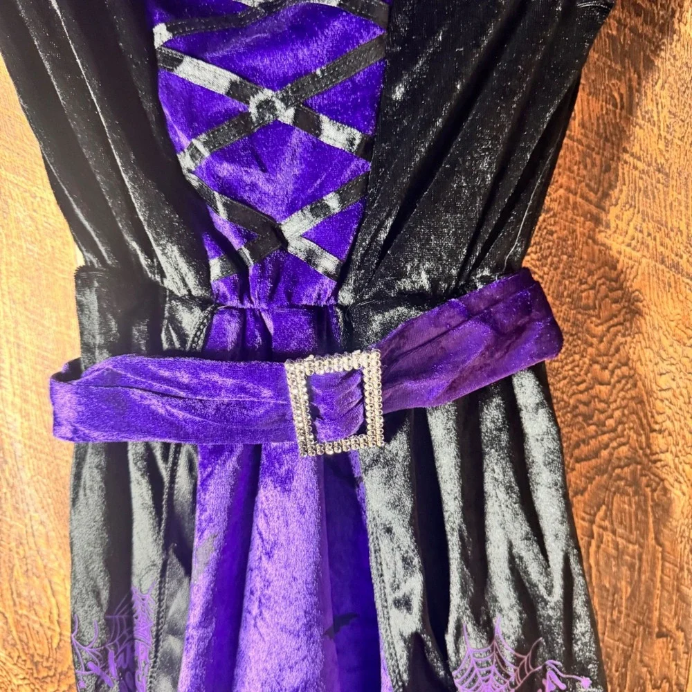 Girls Witch Halloween Costume Dress Hat Black Purple Spiderweb Size Small